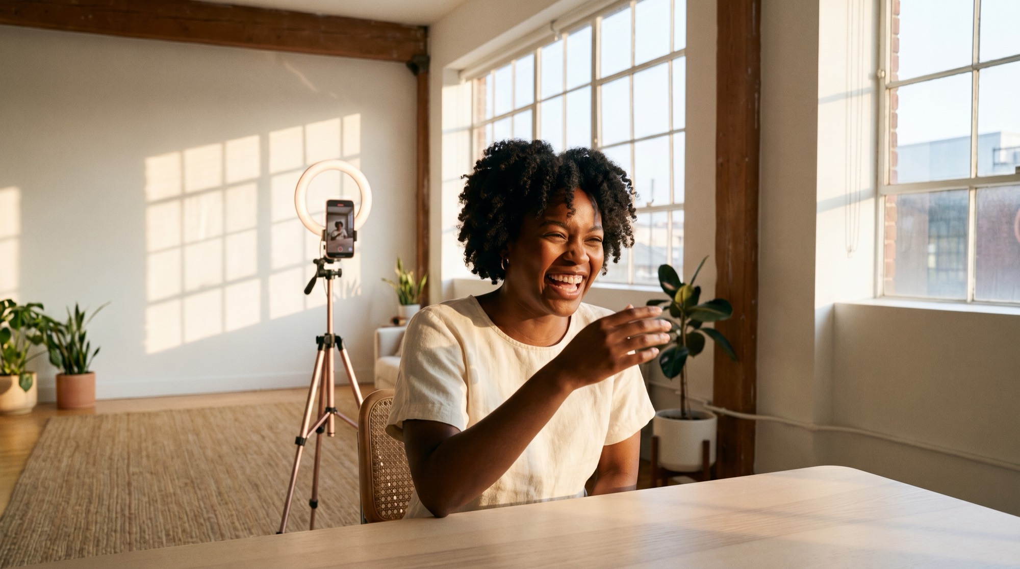 A creator filming a lifestyle video with a ring light in a bright apartment
