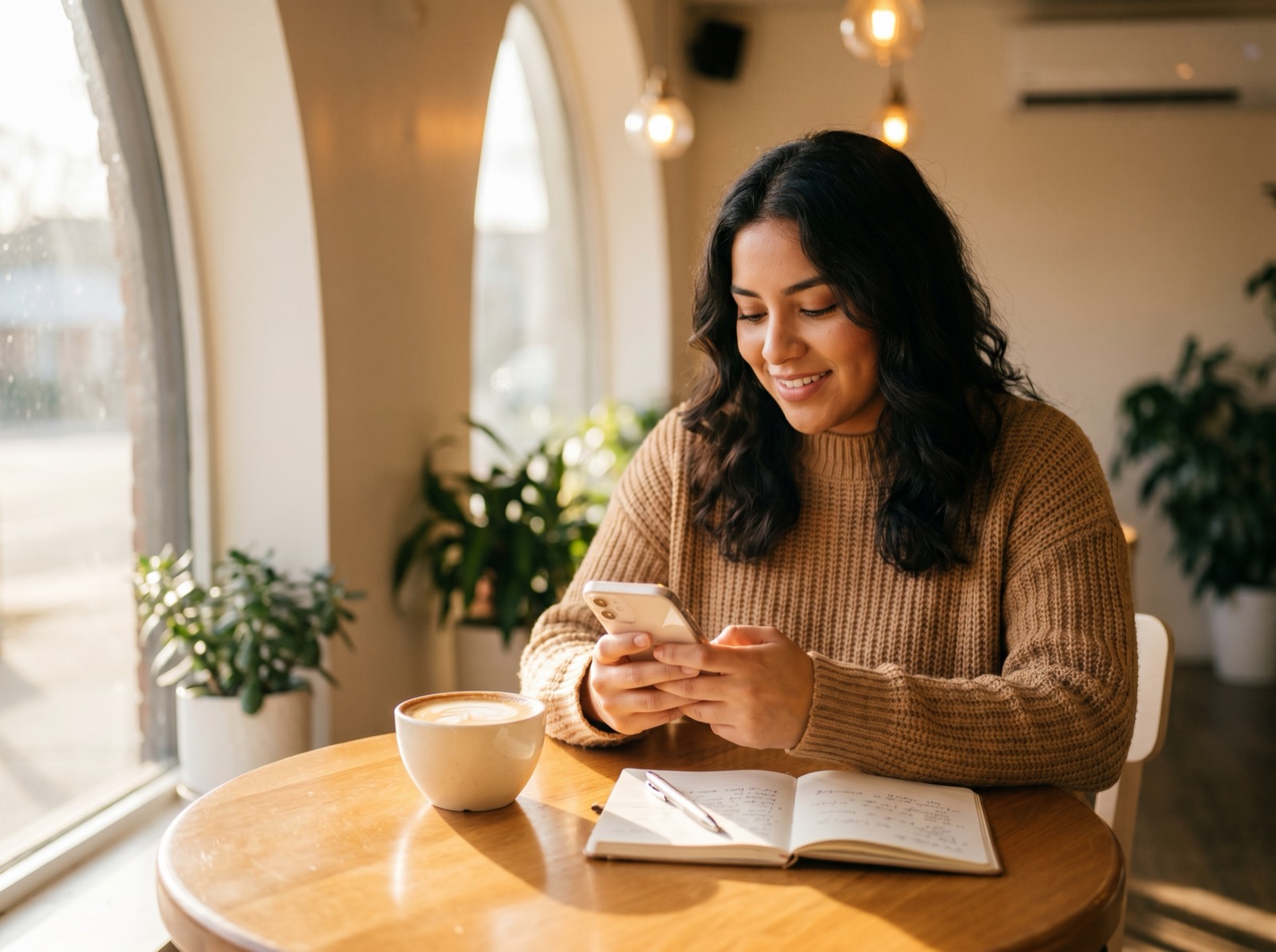 A creator planning a brand pitch on her phone at a sunlit café