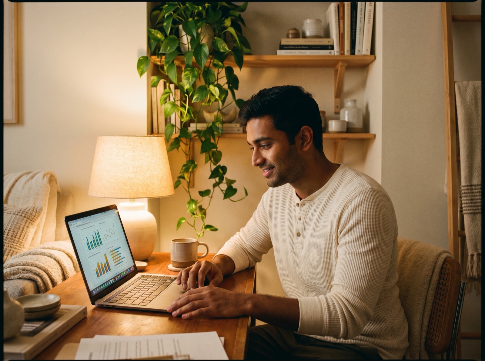 A creator reviewing analytics on a laptop at a cozy desk
