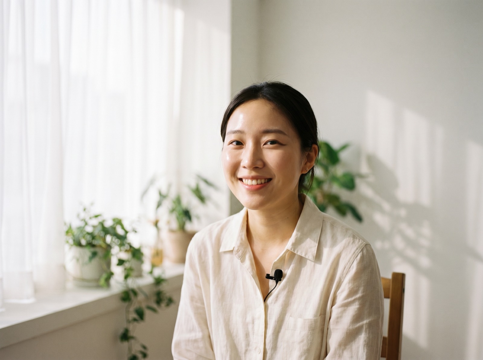 A creator recording content with a clip-on microphone in soft window light